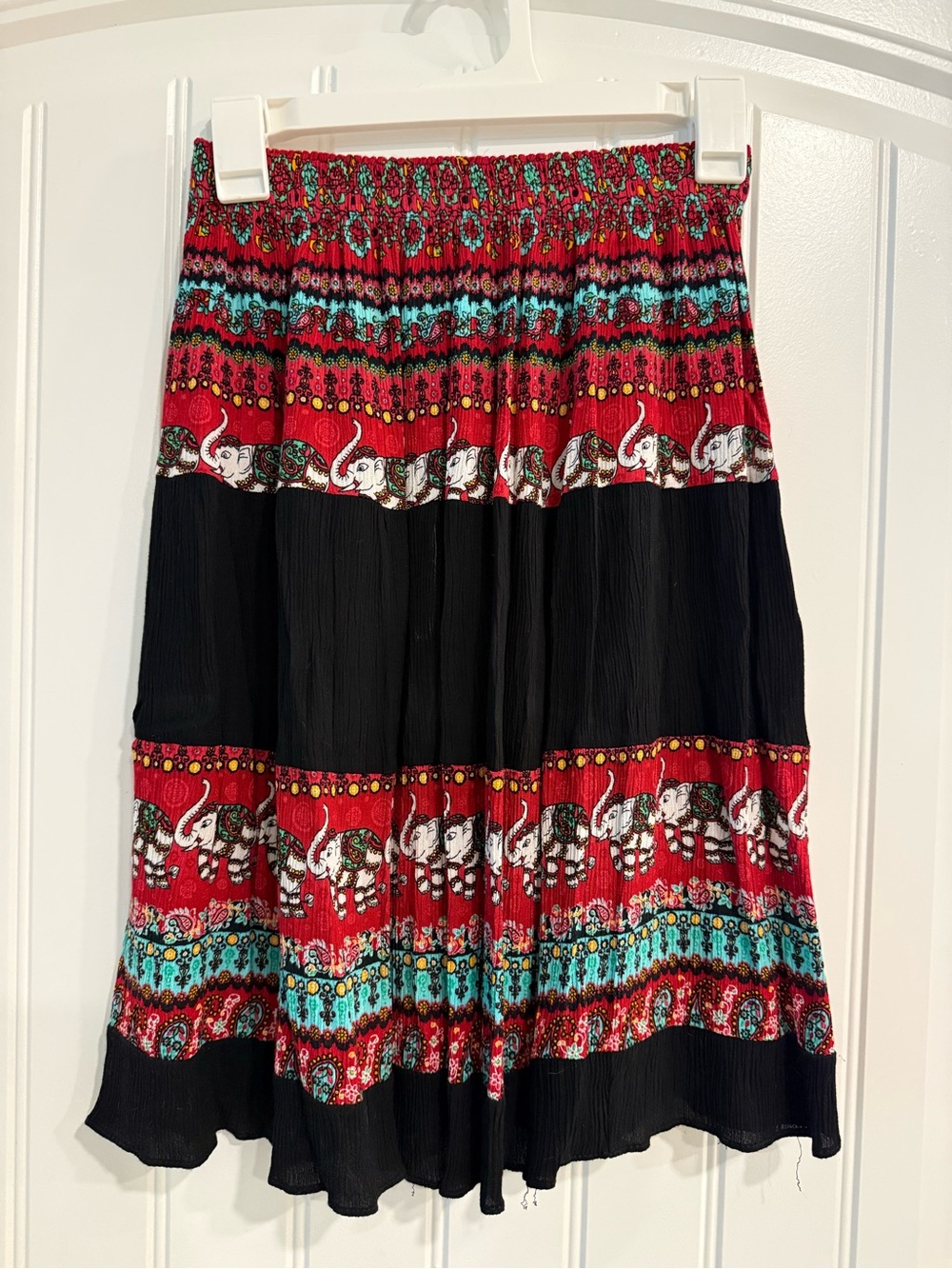 Boho Elephant-Print Midi Skirt in Red & Black